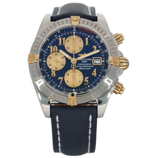 Breitling Vintage b13356 Stainless steel chronograph watch with blue dial, gold markers, and navy leather strap