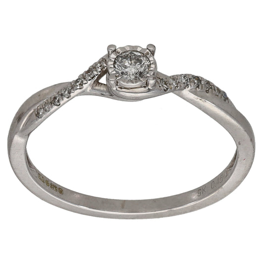 9ct White Gold 0.15ct Diamond Solitaire Ring With Accent Stones Size N