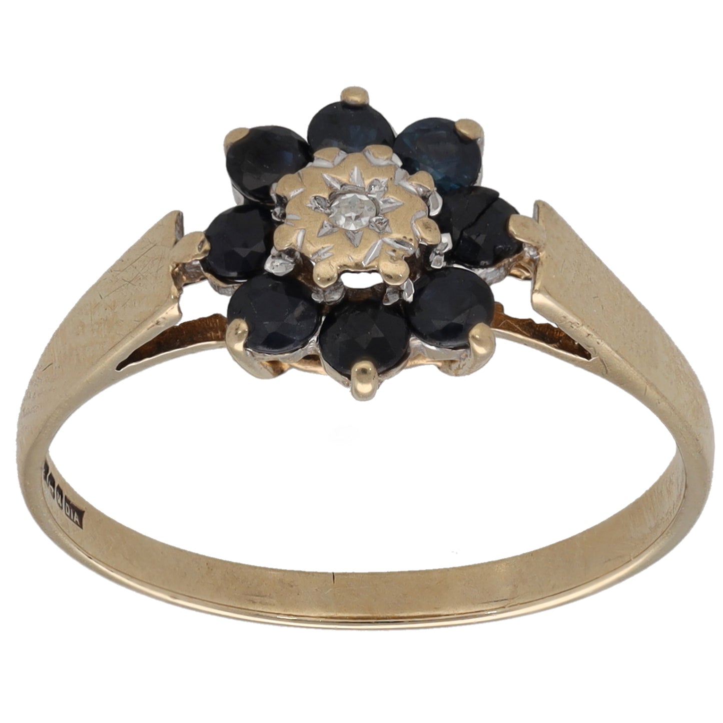 9ct Gold Sapphire & 0.005ct Diamond Cluster Ring Size M