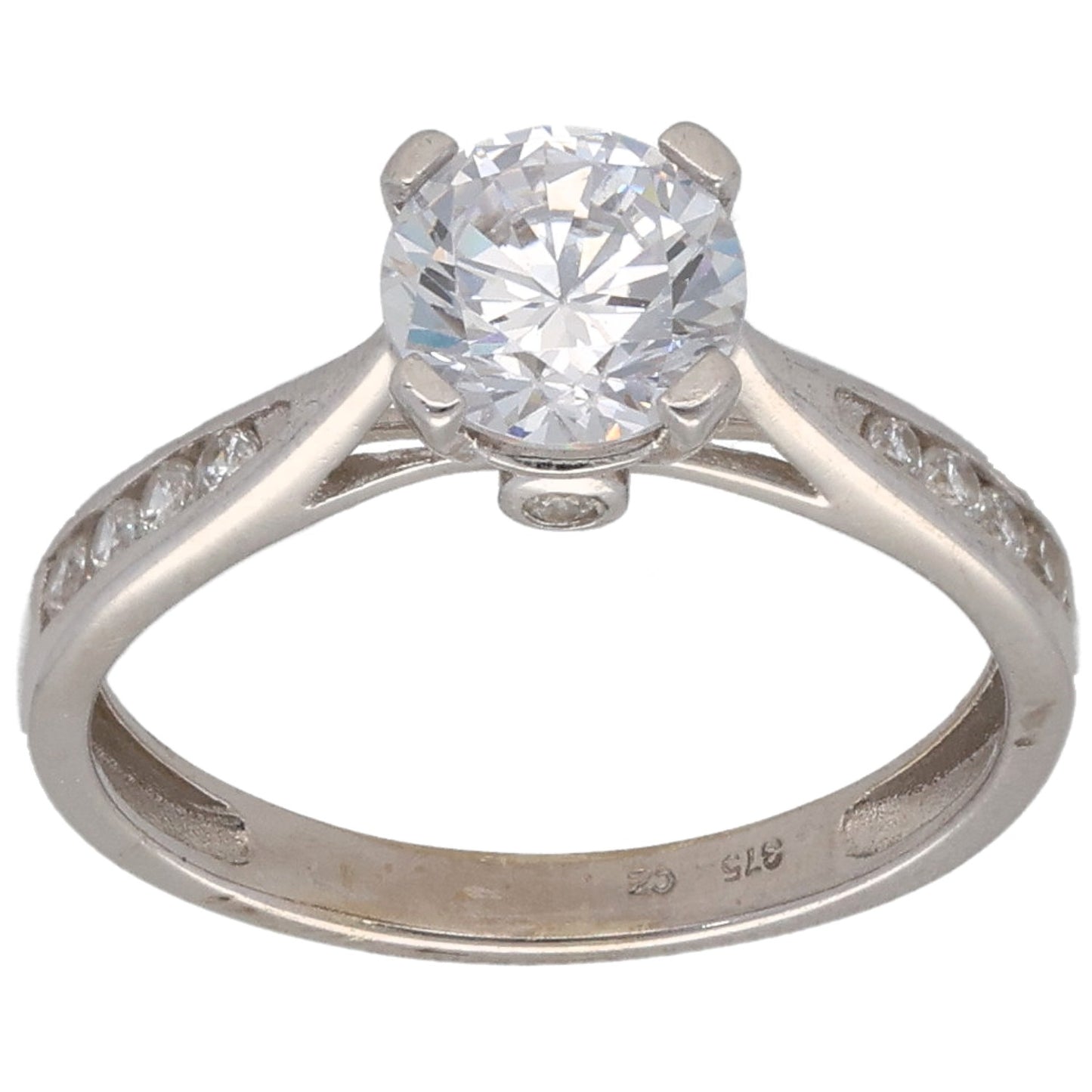 9ct White Gold Cubic Zirconia Single Stone Ring With Accents Size M