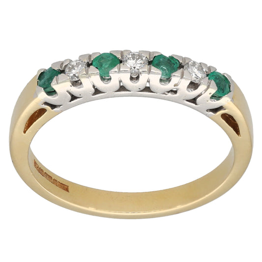 18ct Gold Emerald & 0.12ct Diamond Half Eternity Ring Size P