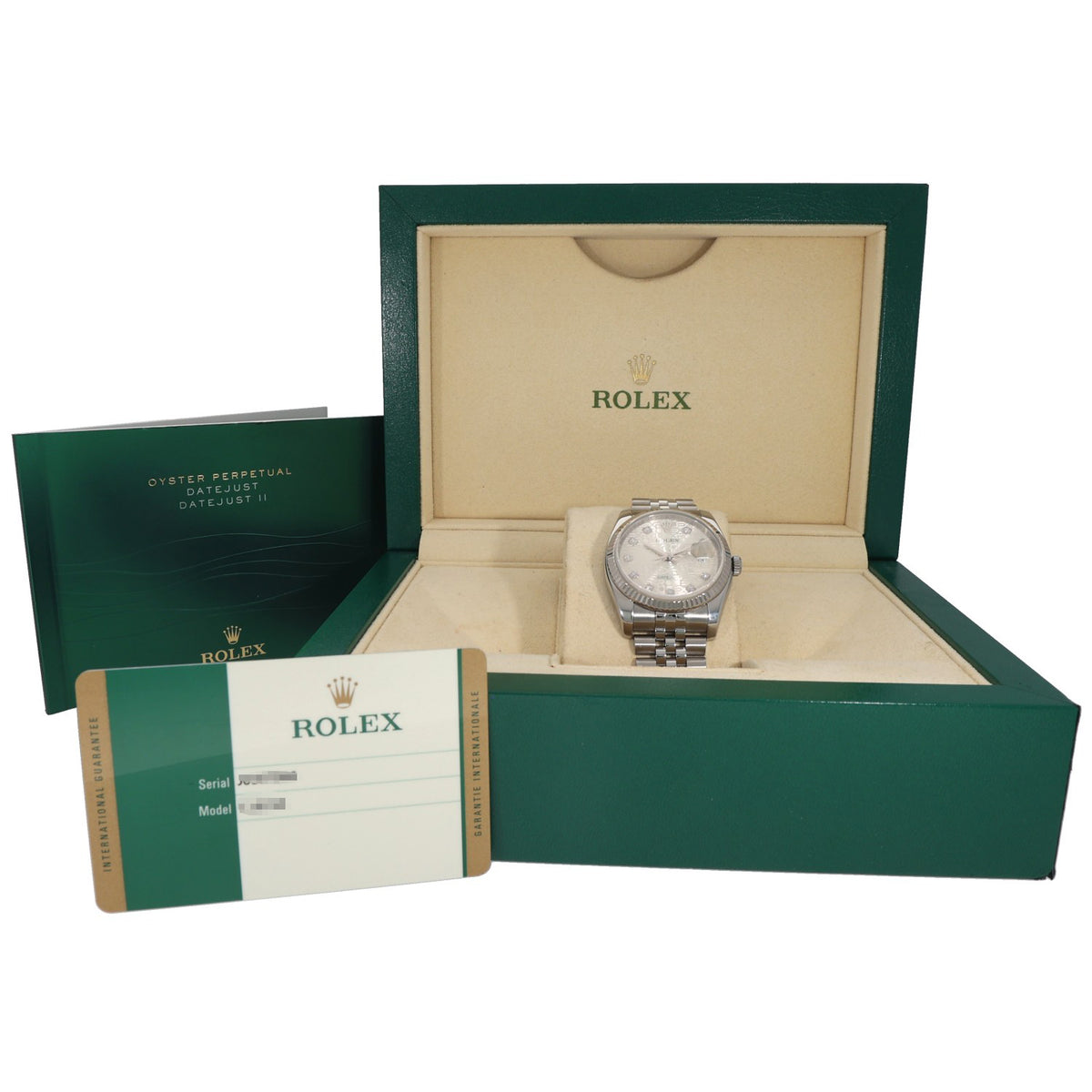 Rolex Datejust 116234 stainless steel watch in green box with papers and inner cushion
