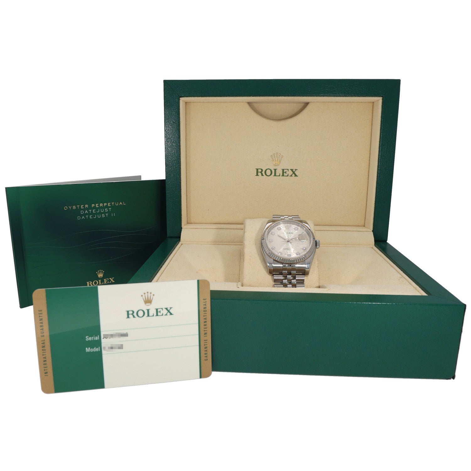 Rolex Datejust 116234 stainless steel watch in green box with papers and inner cushion