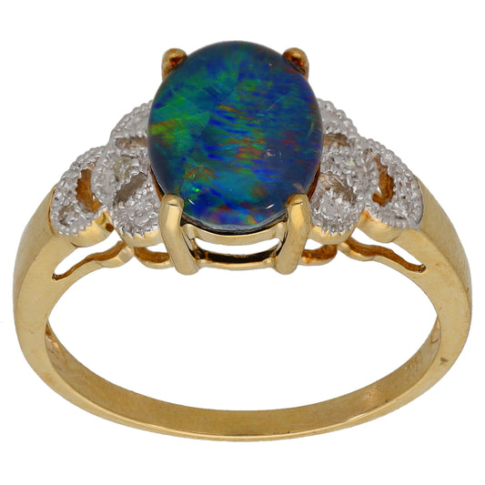 9ct gold opal triplet ring with round diamond accents and iridescent oval stone