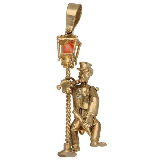 Gold clown/doll pendant with red coral front window and CZ-studded frame