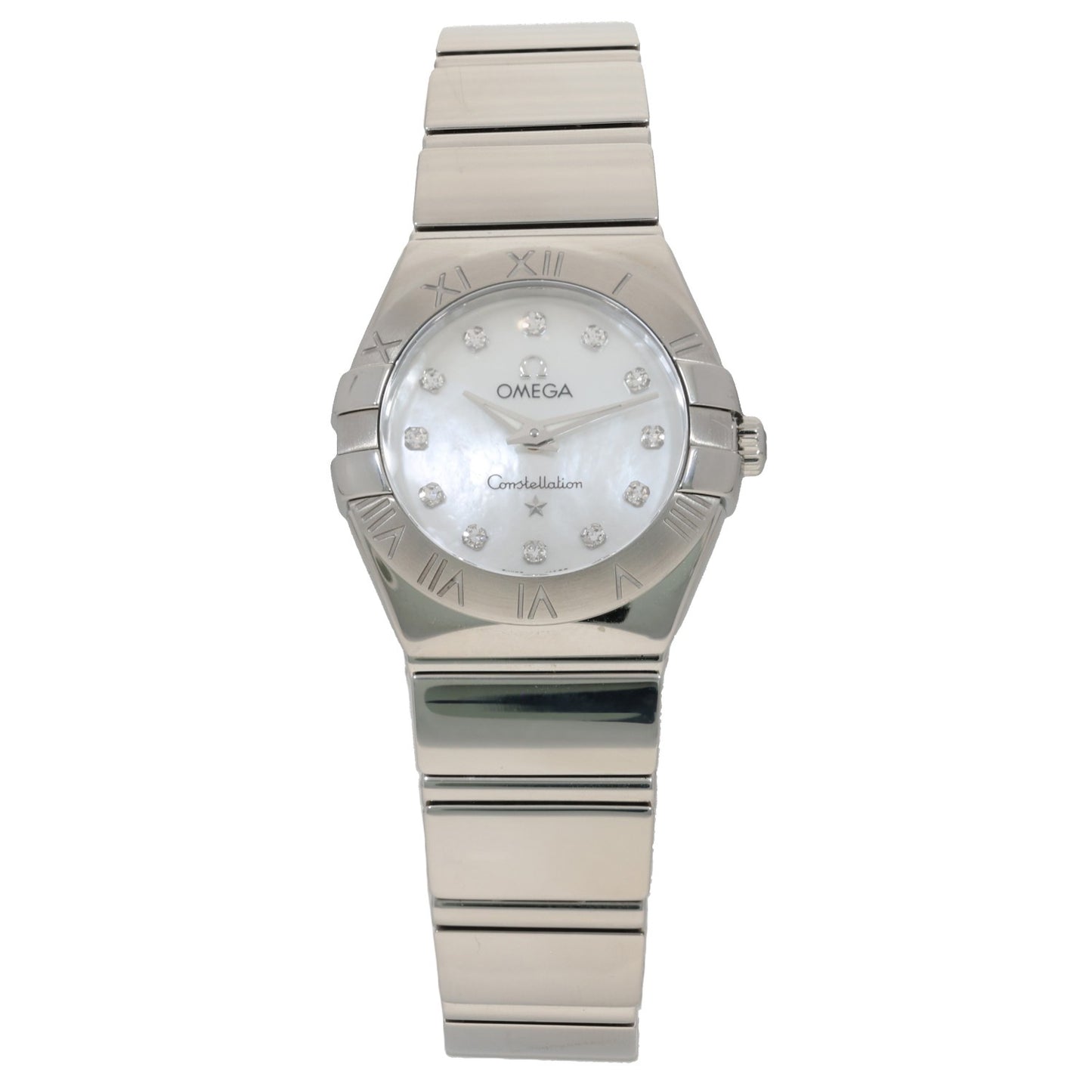 Omega Constellation 131.10.25.60.52.001, stainless steel bracelet and case housing a white Mother of Pearl dial with diamond hour markers, front image