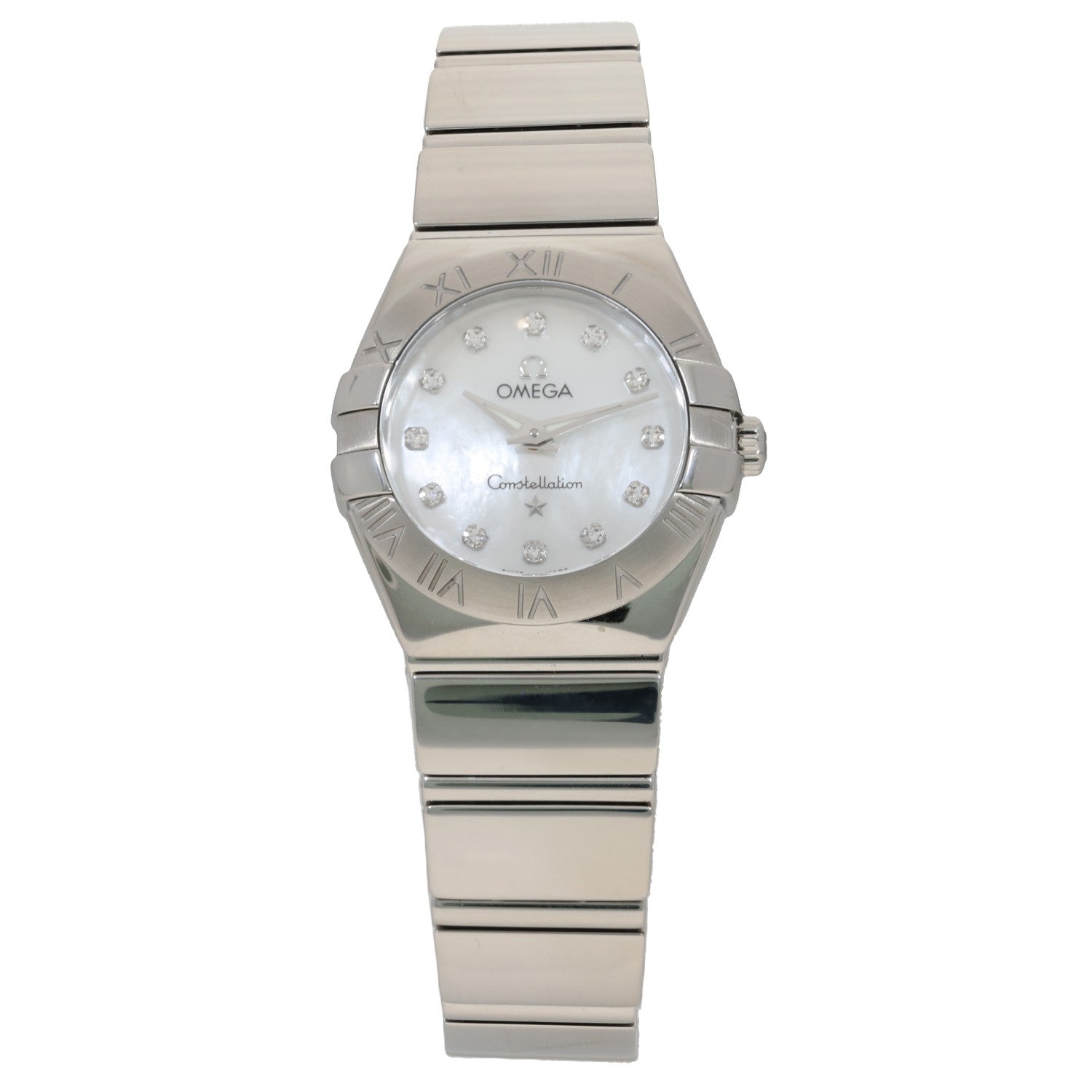Omega Constellation 131.10.25.60.52.001, stainless steel bracelet and case housing a white Mother of Pearl dial with diamond hour markers, front image
