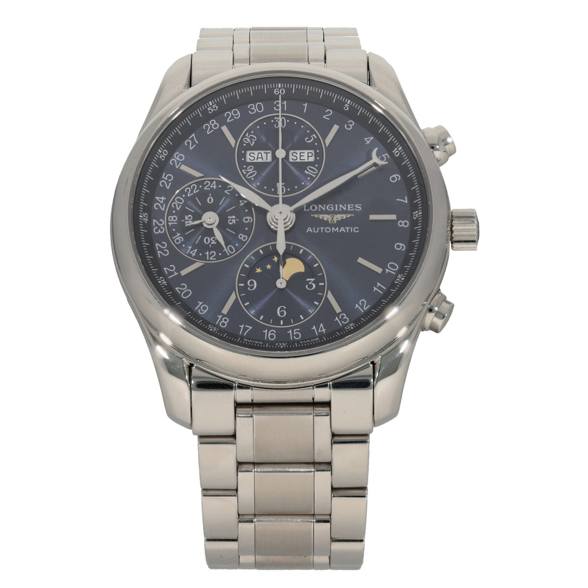 Longines Master Collection L2.673.4, blue dial with subdials and moonphase on stainless steel case and bracelet