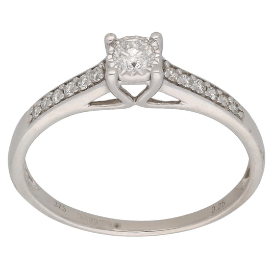9ct White Gold 0.27ct Diamond Solitaire Ring With Accent Stones Size Q