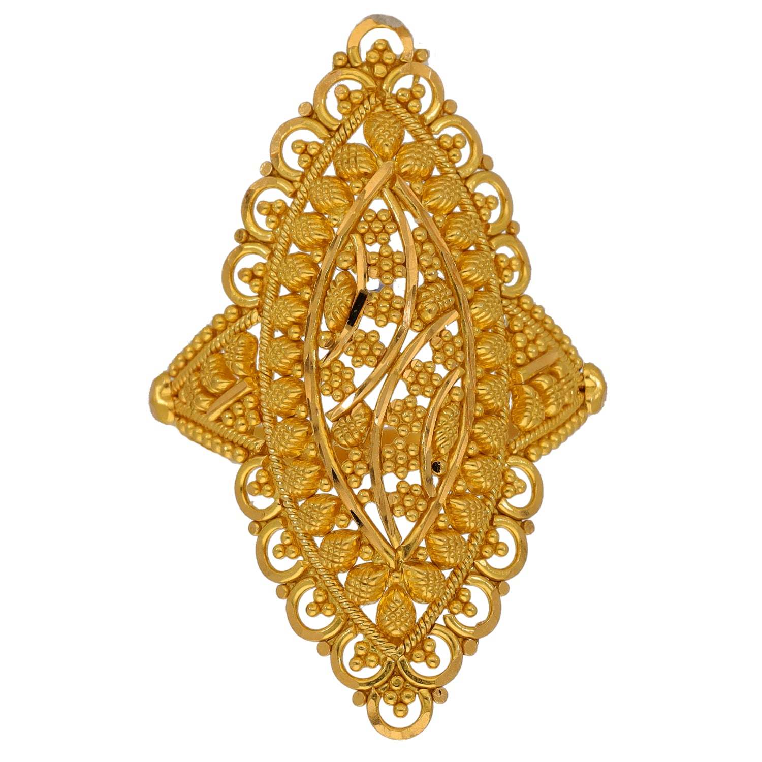 Gold-tone filigree ring, size N, ornate teardrop design with openwork details
