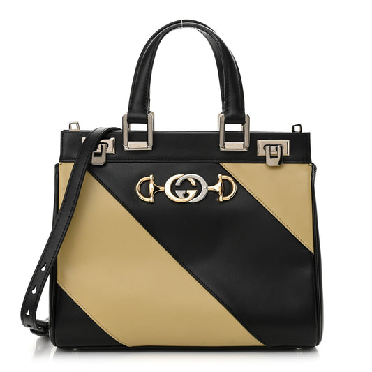 Gucci Zumi Diagonal Stripe Top Handle Calfskin Leather Bag - Black & Beige