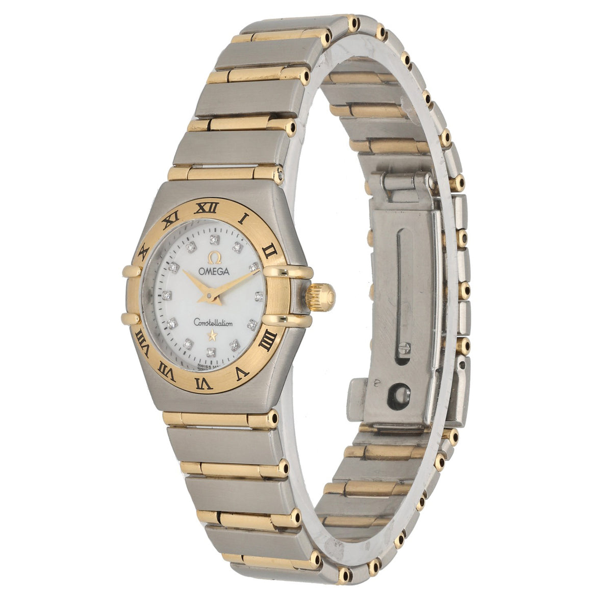 Omega Constellation 1262.75.00, white dial with diamond hour markers, with a bi-colour gold and steel case and bracelet, front angle image