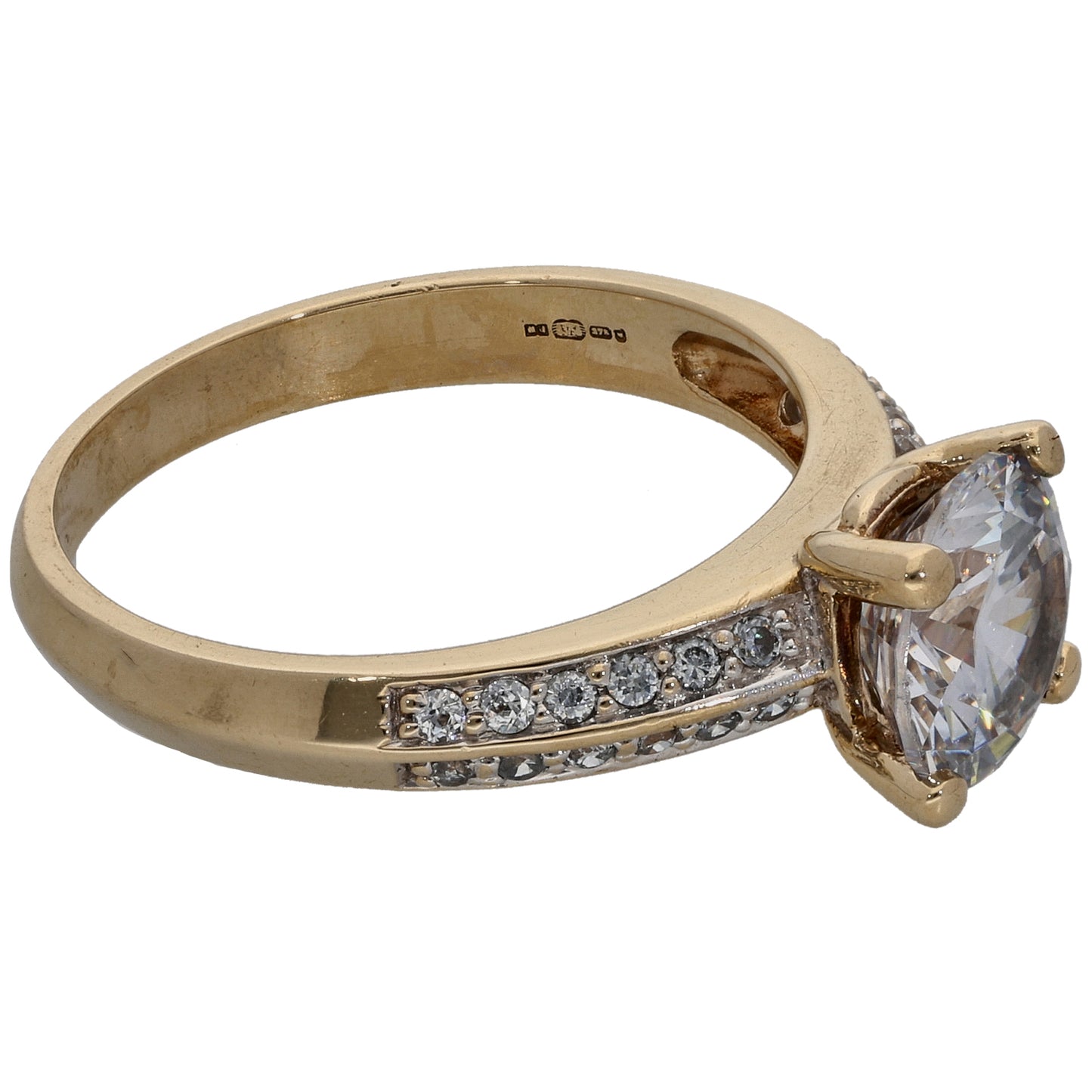 9ct Gold Cubic Zirconia Single Stone Ring with Accent Stones Size O