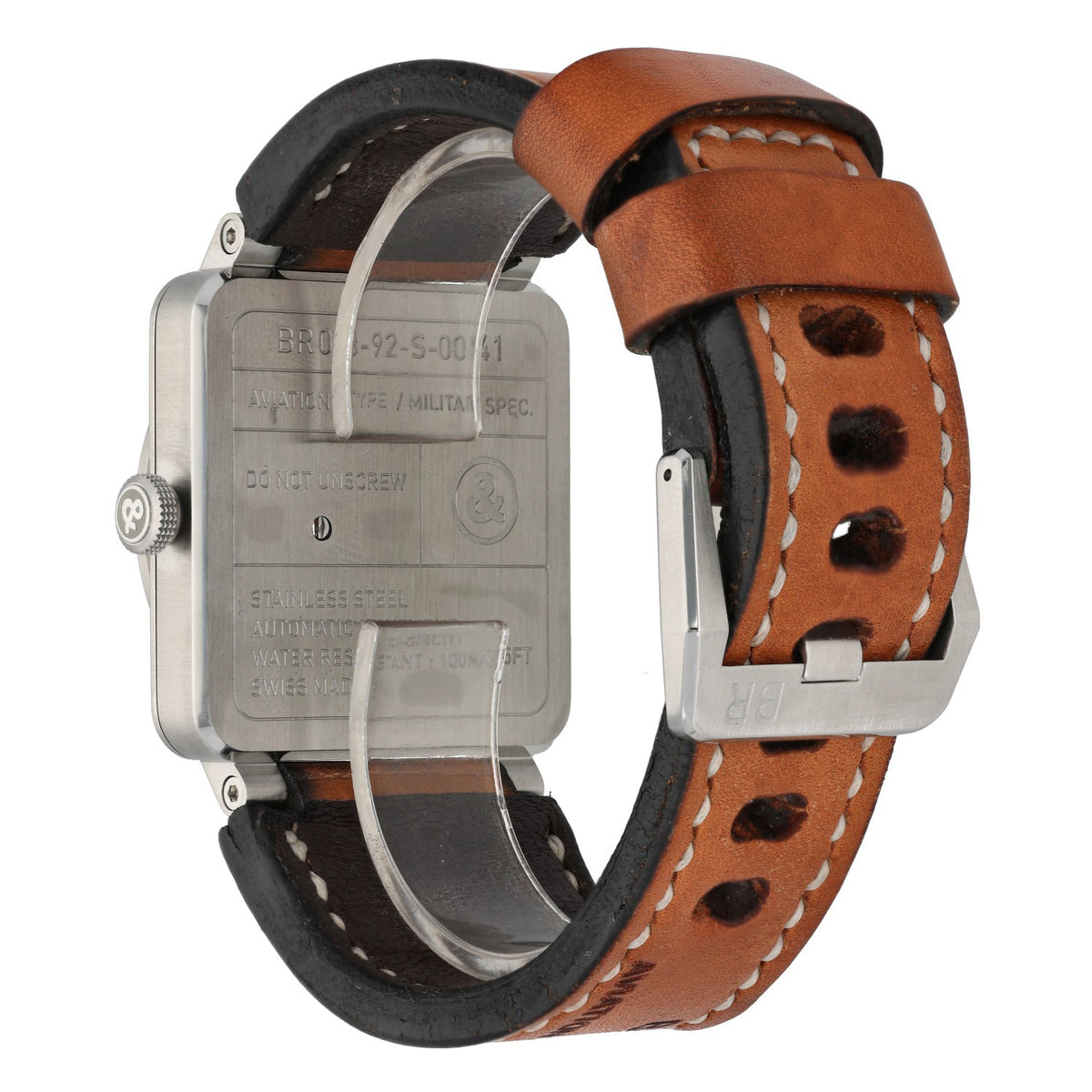 Bell & Ross BR03 BR03-92, stainless steel caseback with adjustable brown leather strap