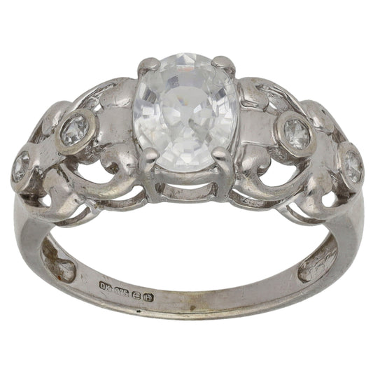 9ct White Gold Cubic Zirconia Single Stone Ring with Accent Stones Size N
