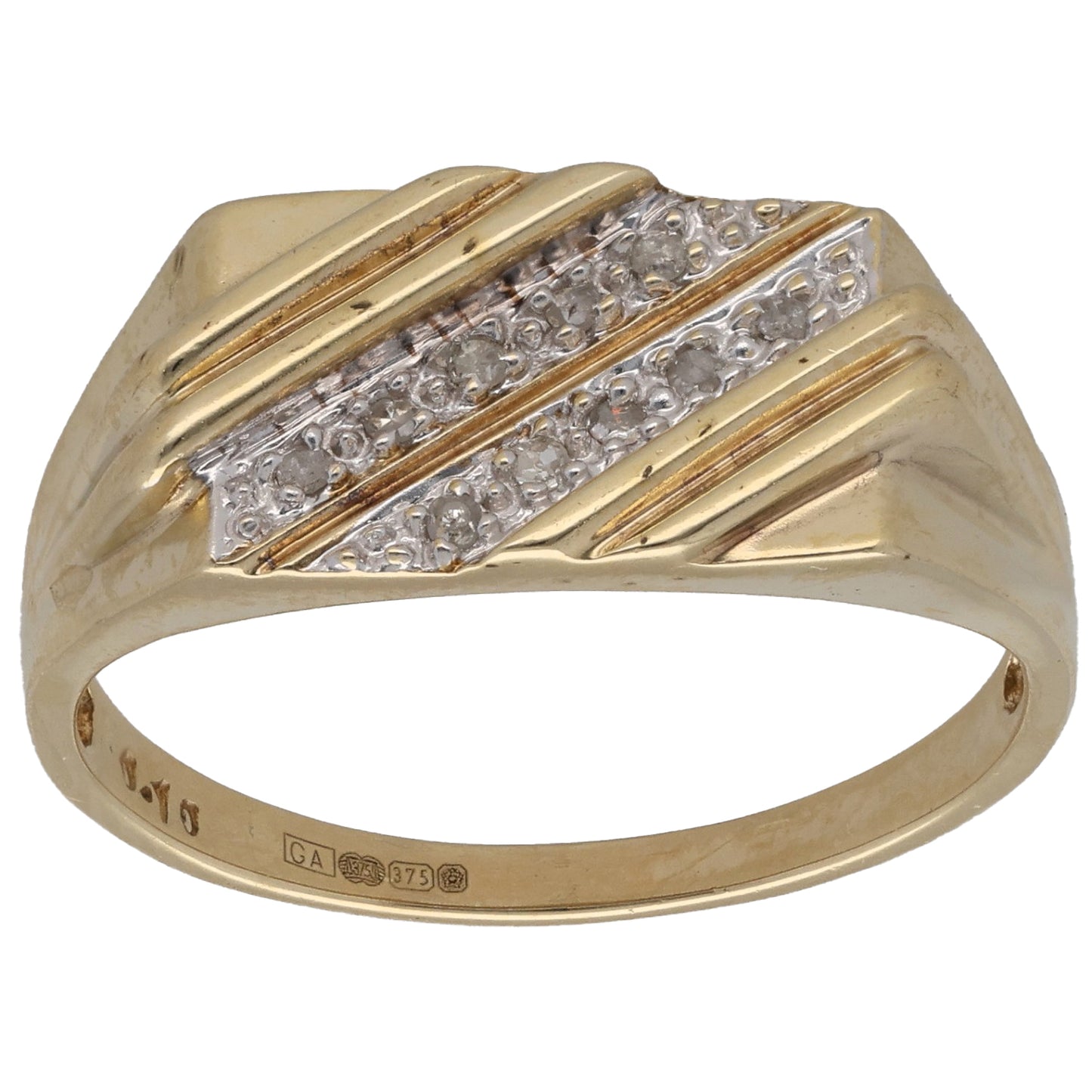 9ct Gold 0.10ct Diamond Patterned Signet Ring Size X