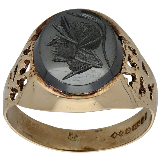 9ct Gold Hematite Crest/Emblem Signet Ring Size S