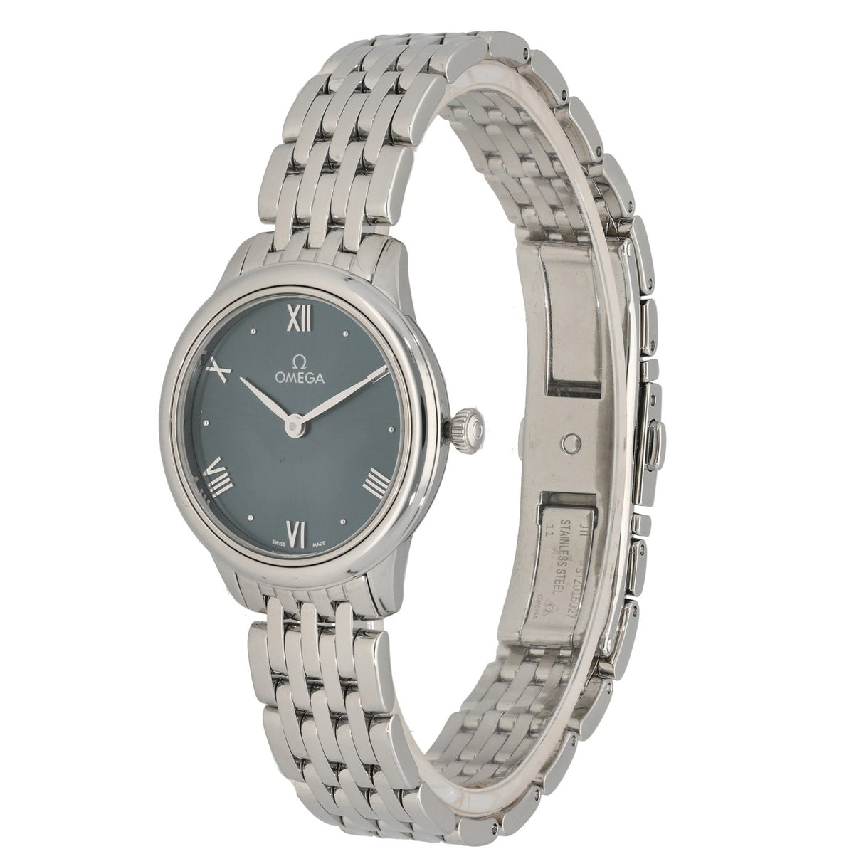 Omega De Ville Prestige 434.10.28.60.10.001 27.5mm , blue dial with stainless steel case and bracelet watch, front angle image