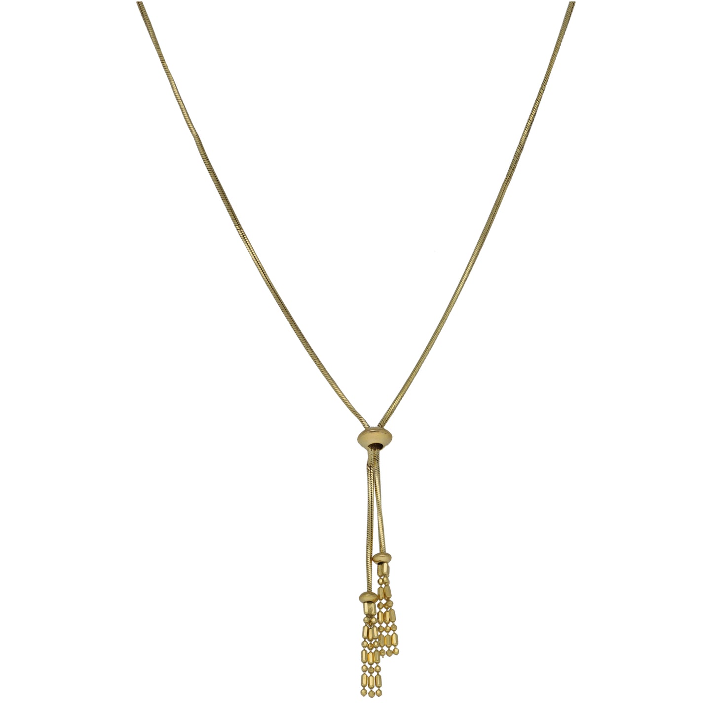 9ct gold fancy necklace with small hoop pendant and dangling bead fringe