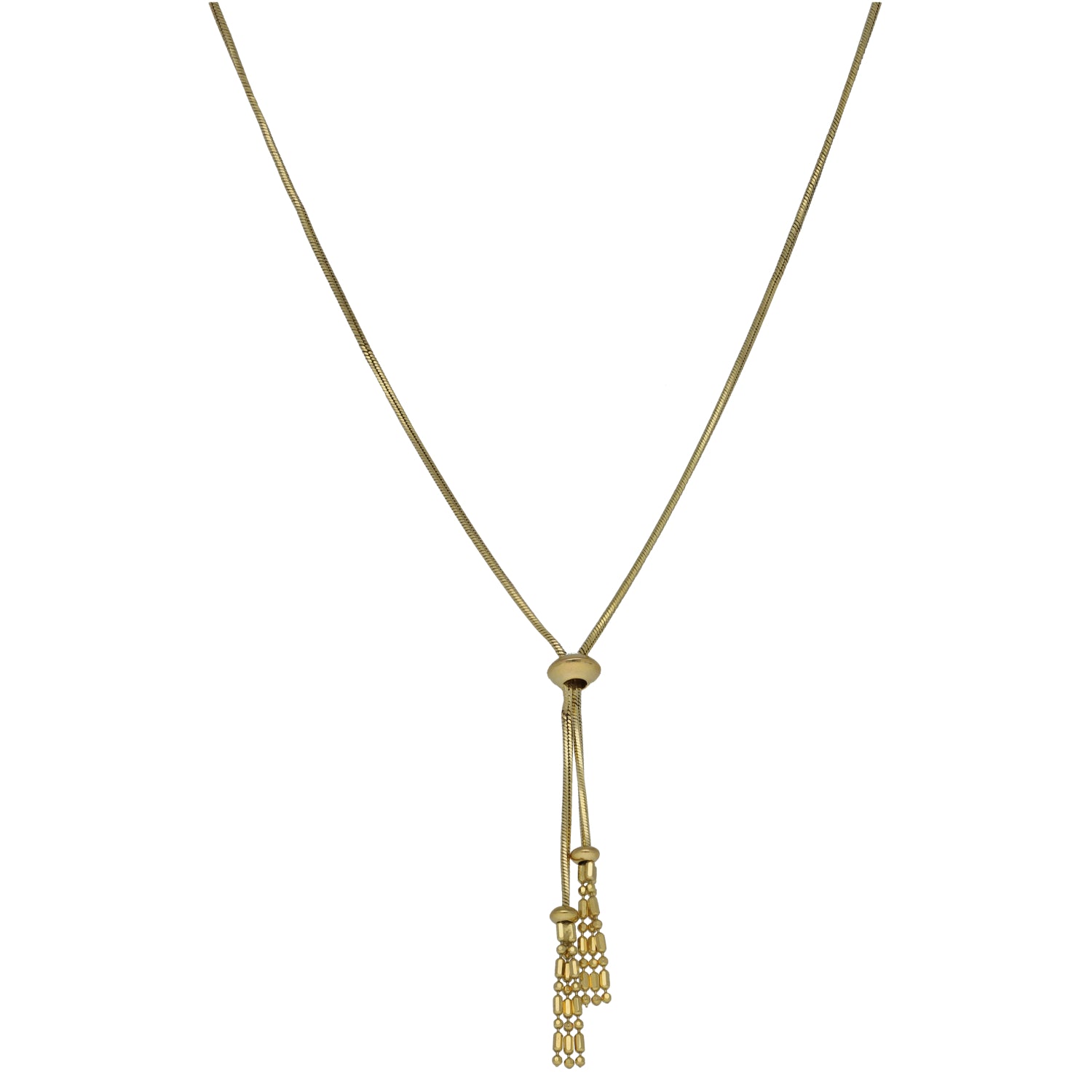 9ct gold fancy necklace with small hoop pendant and dangling bead fringe