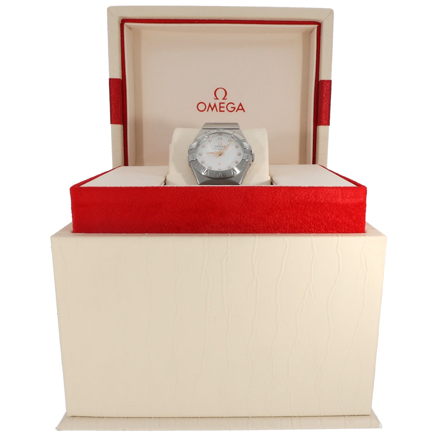 Omega Constellation 123.10.27.60.52.001 watch displayed in white presentation box with red interior