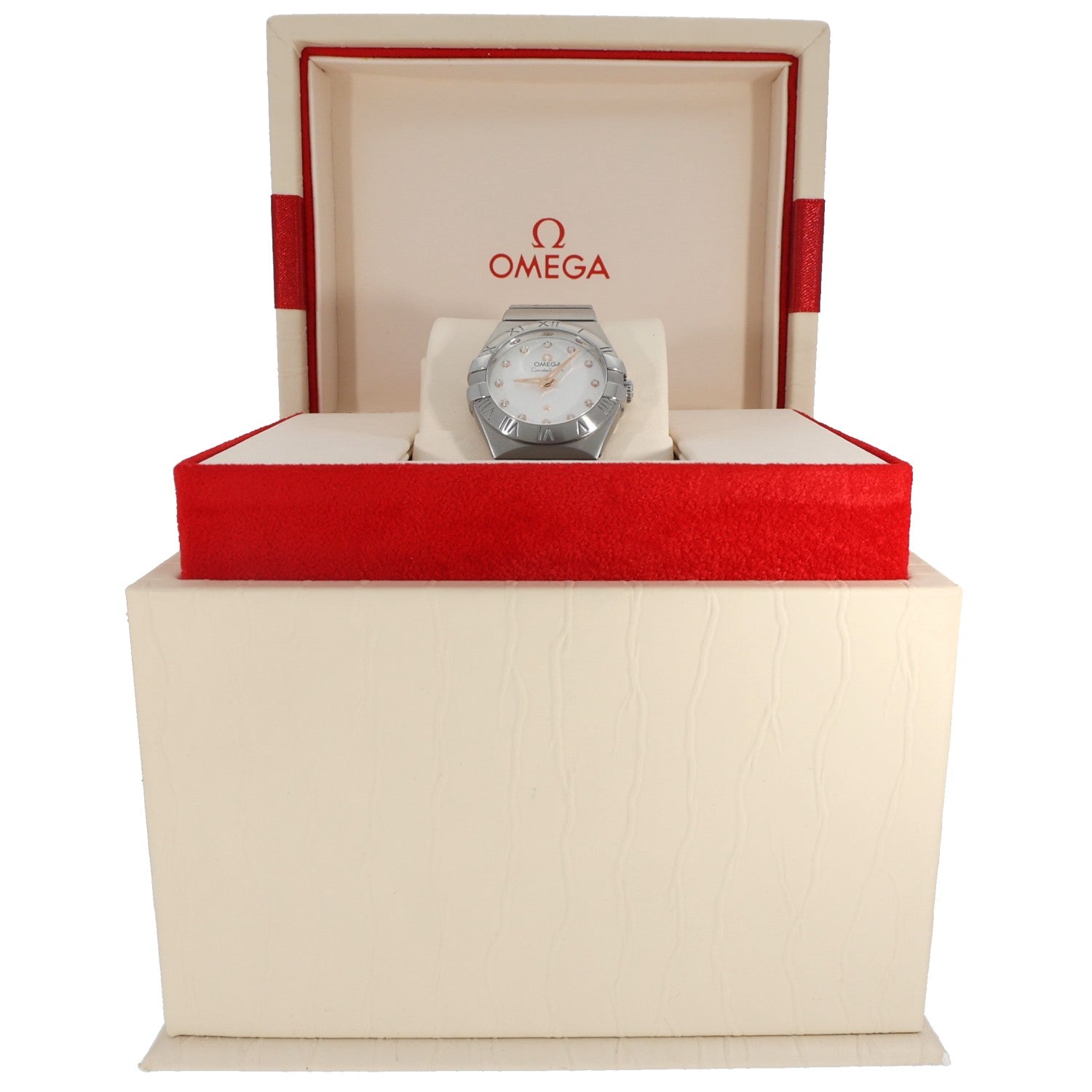 Omega Constellation 123.10.27.60.52.001 watch displayed in white presentation box with red interior