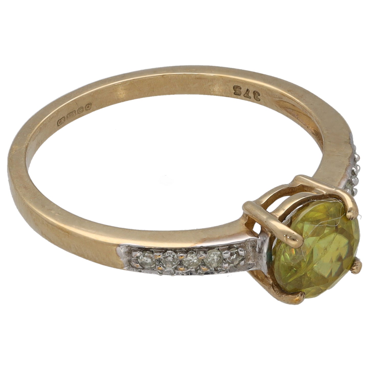 9ct Gold Sphene & 0.10ct Diamond Single Stone Ring With Accents Size N