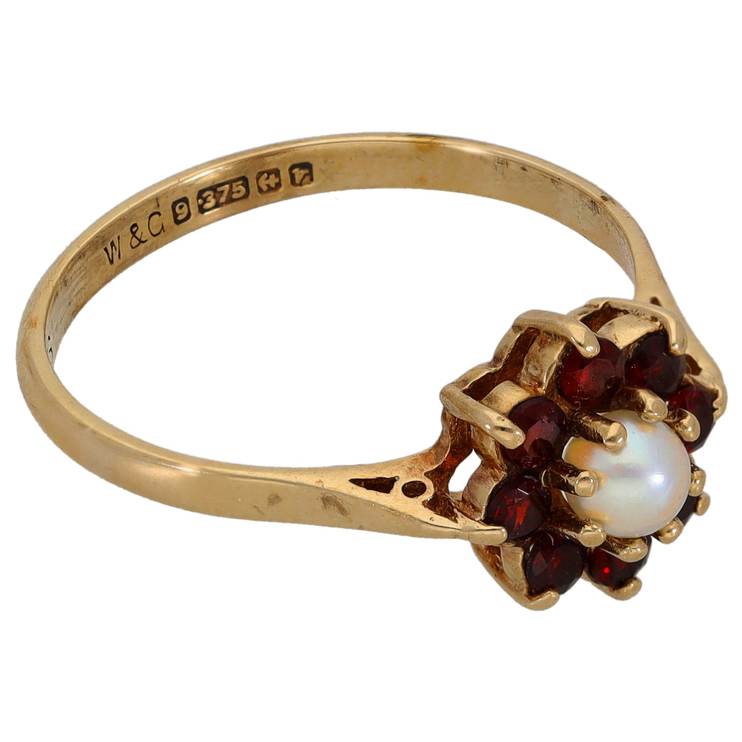 9ct Gold Garnet & Cultured Pearl Cluster Ring Size O