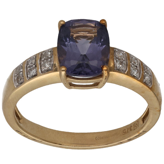 9ct Gold Iolite & 0.12ct Diamond Single Stone Ring With Accents Size Q