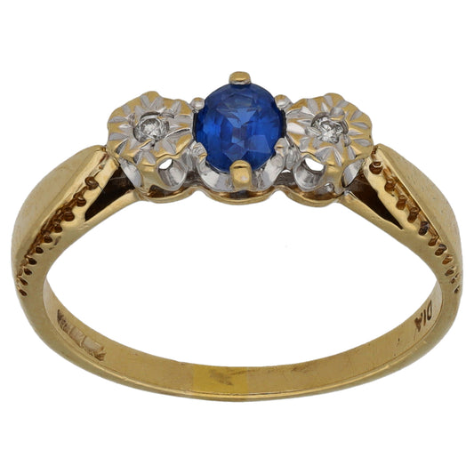 9ct Gold Sapphire & 0.02ct Diamond Trilogy Ring Size P