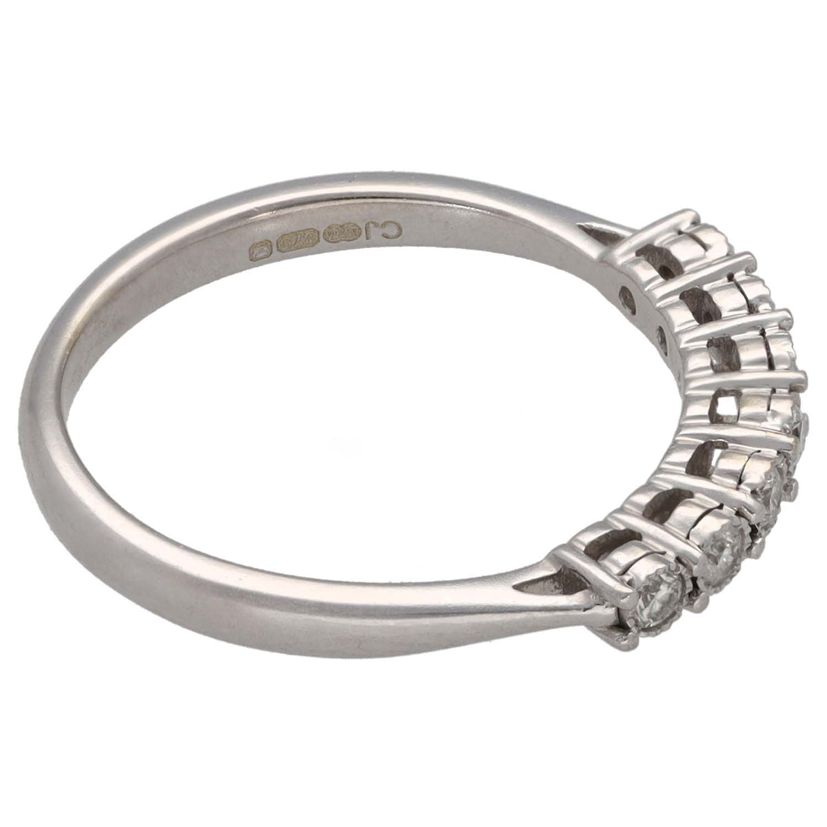 White gold ring with round diamonds, side view of prong-set half eternity band