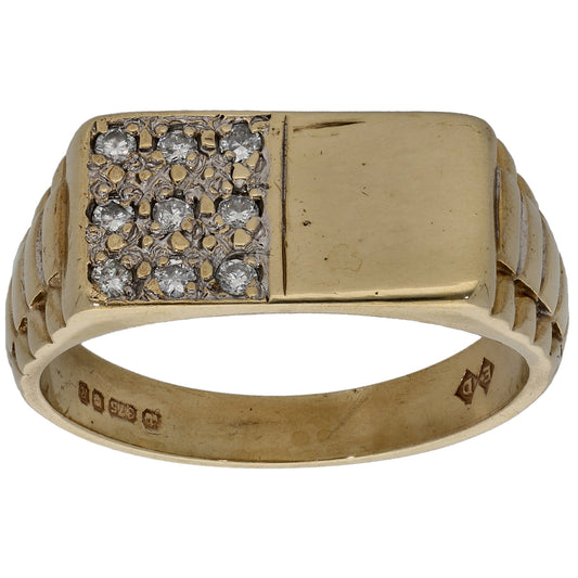 9ct Gold 0.18ct Diamond Patterned Signet Ring Size T