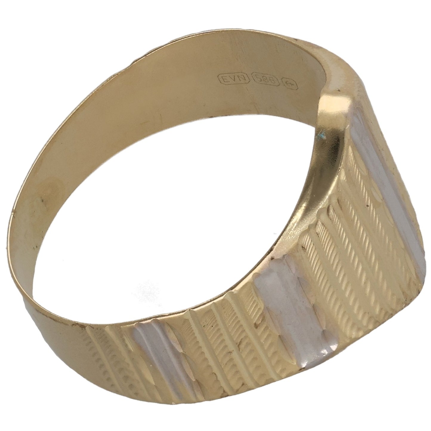 Bicolour gold alternative ring with diagonal textured pattern and smooth inner band