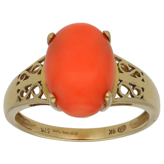 9ct Gold Coral Single Stone Ring Size T