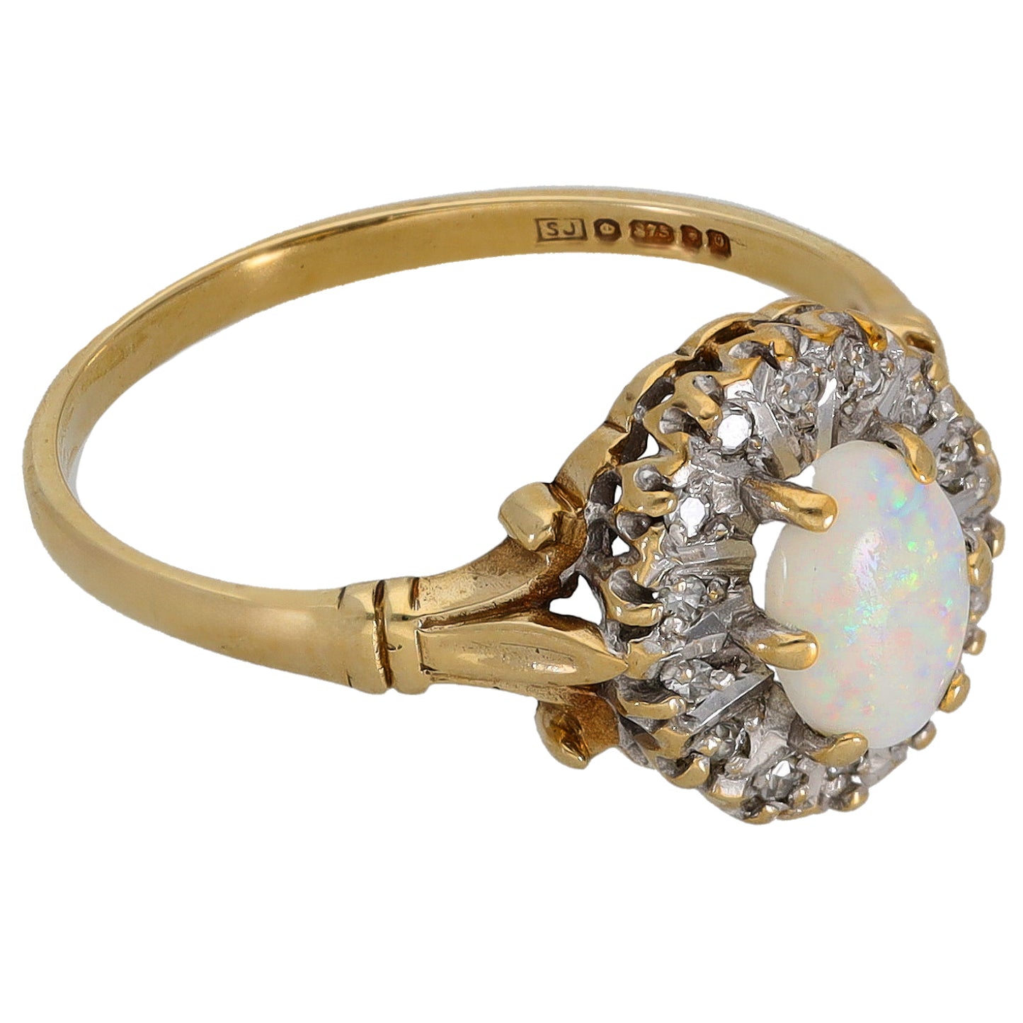 9ct Gold Opal & 0.07ct Diamond Dress/Cocktail Ring Size P