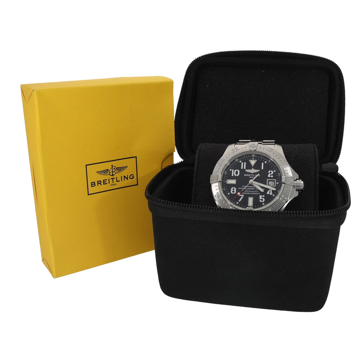 Breitling Avenger Seawolf A17330 Stainless steel wristwatch with black dial in black zip case with yellow box