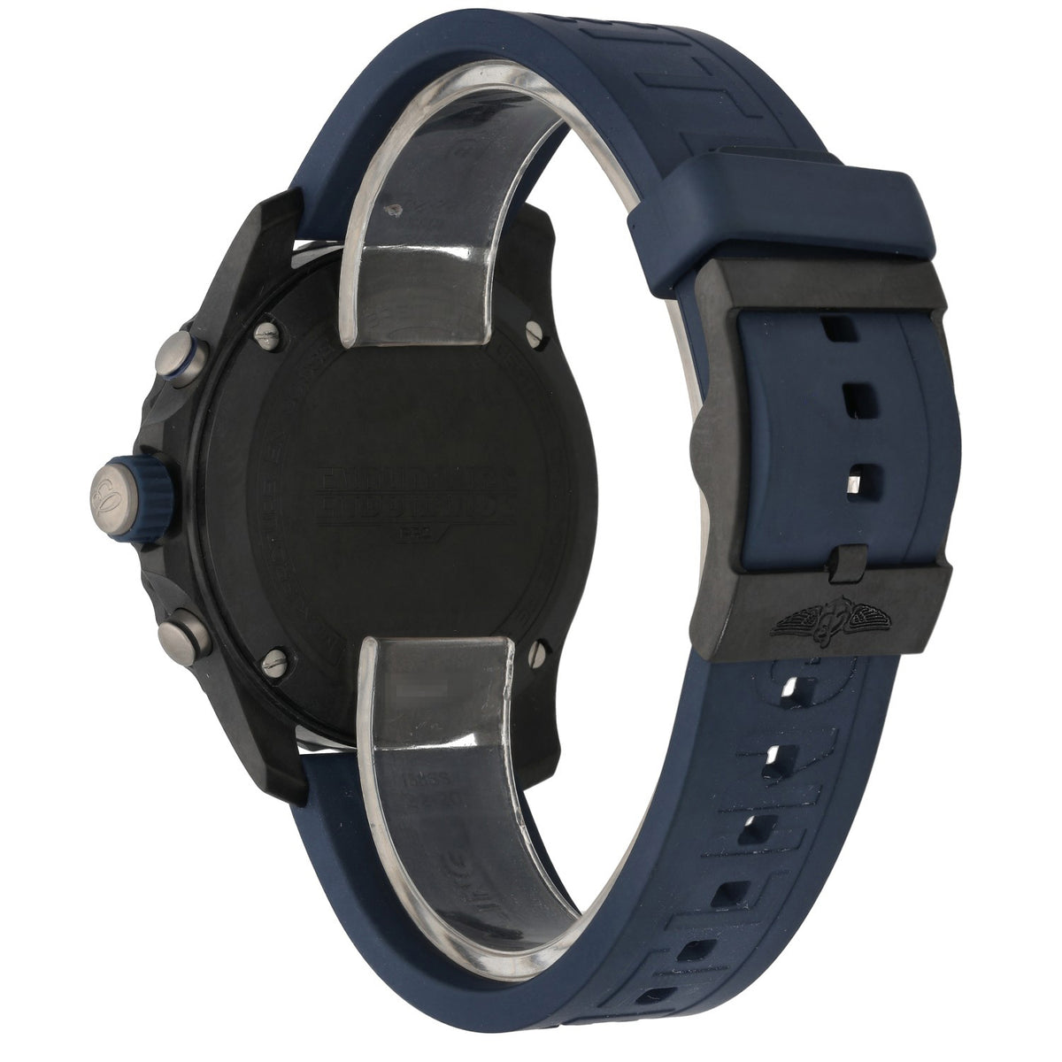 Breitling Endurance Pro X82310, with a black Breitlight case with blue rubber bracelet, rear angle