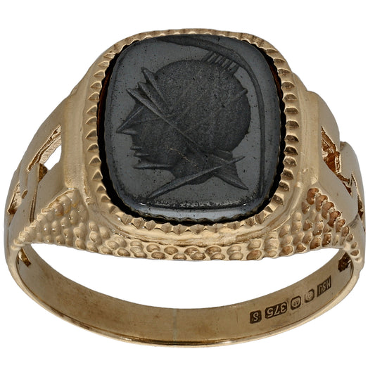 9ct Gold Hematite Crest/Emblem Single Stone Signet Ring Size O