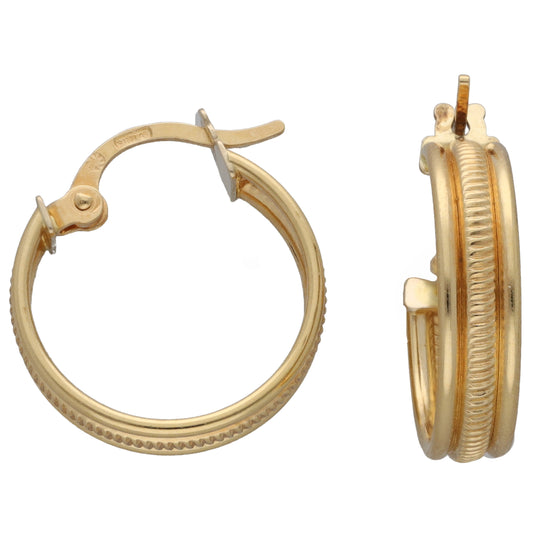 9ct gold hoop earrings with hinged clasp, ridged detail, and round hoop shape