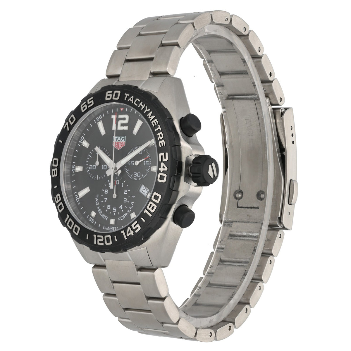 Tag Heuer Formula 1 CAZ1010, black dial with subdials, inside 43mm stainless steel case and link bracelet, front angle