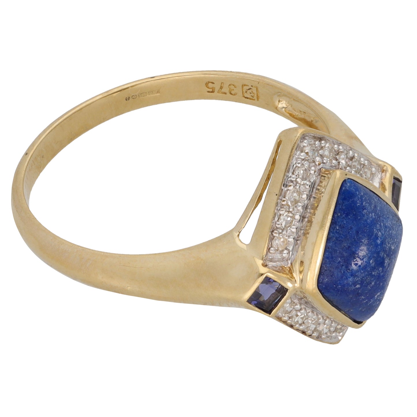 9ct Gold Lapis Lazuli & Sapphire & 0.18ct Round Diamond Dress/Cocktail Ring Size S