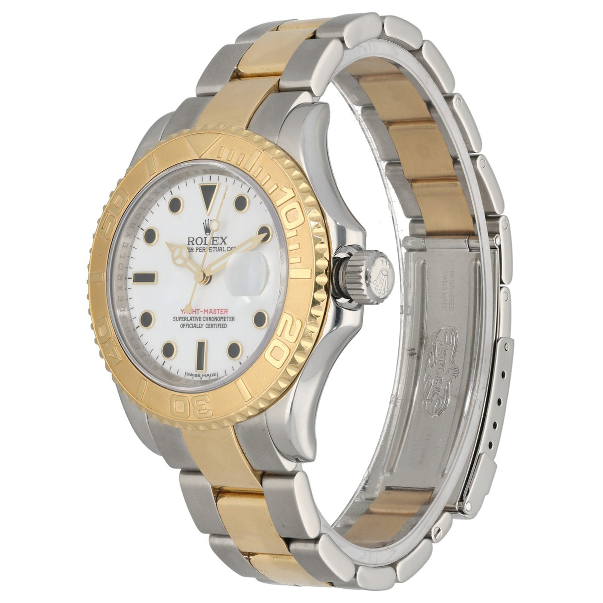 Rolex Yacht Master 16623, white dial in bi-colour case and bracelet, front angled image