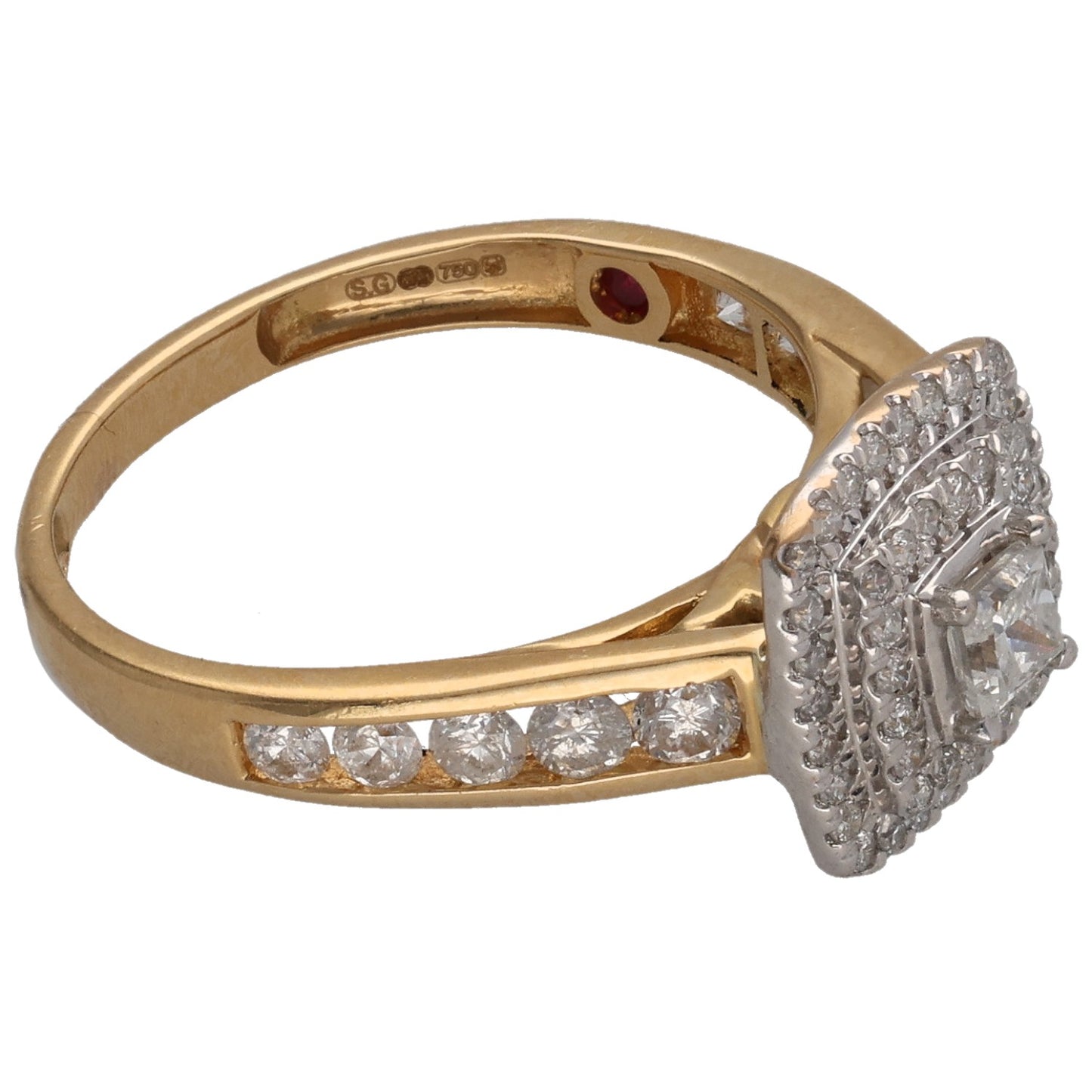 18ct gold diamond cluster ring with raised square center and halo of round stones