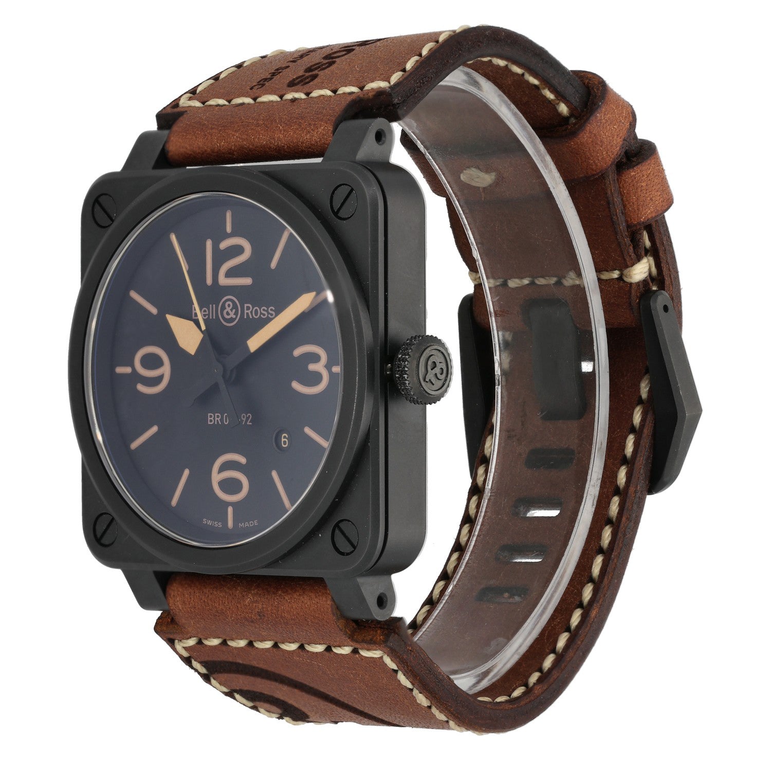Bell & Ross BR03 BR03-92, black ceramic case, brown leather strap