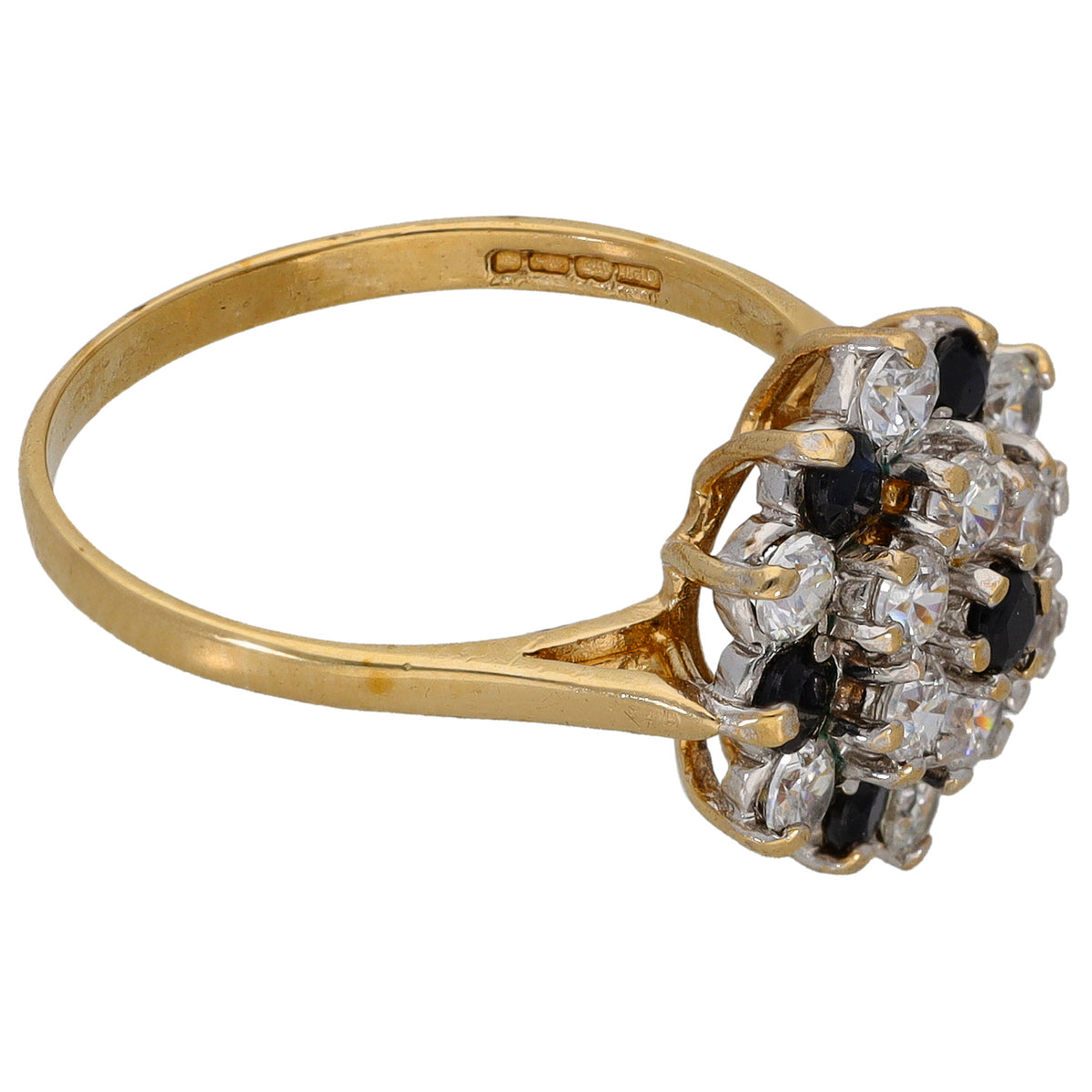 9ct gold cocktail ring with cluster of clear CZ and dark sapphire-style stones
