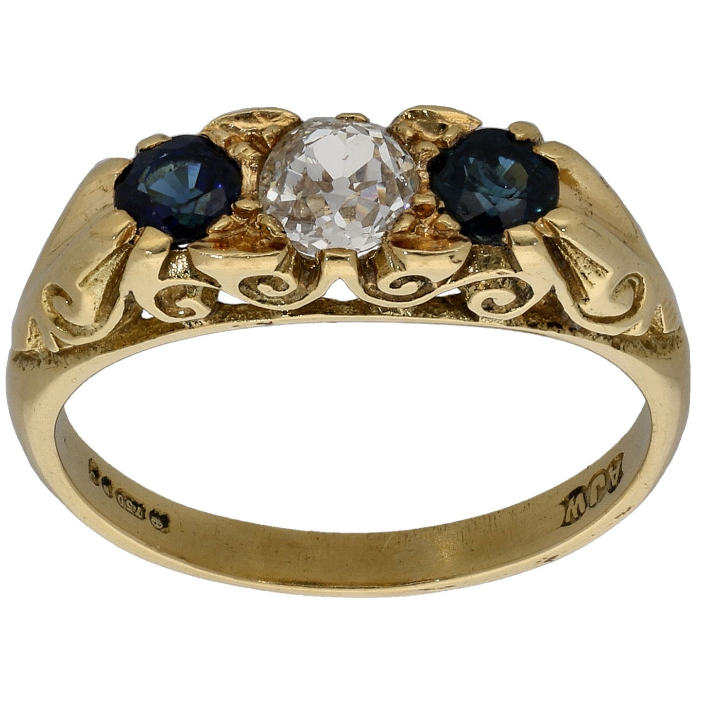 18ct Gold 0.40ct Diamond & Sapphire Three Stone Ring Size O