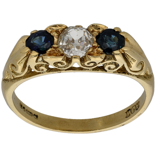 18ct Gold 0.40ct Diamond & Sapphire Three Stone Ring Size O