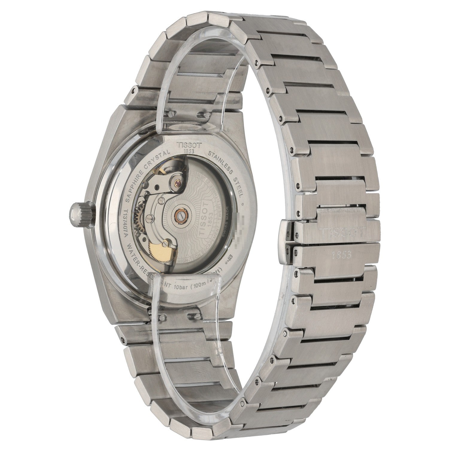 Tissot PRX T137407A, open caeback, stainless steel case and bracelet.