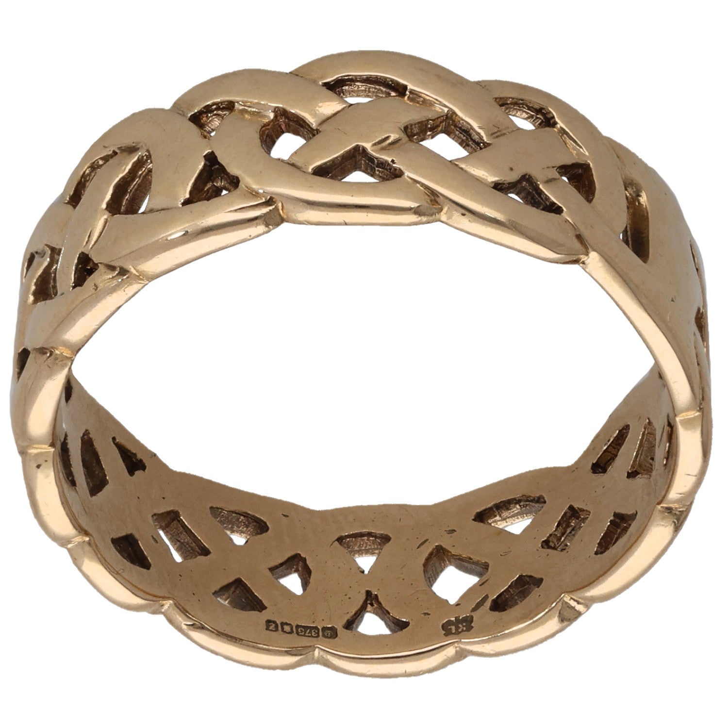 Gold tone openwork ring with braided knot design and cutout pattern