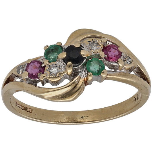 9ct Gold Sapphire, Emerald, Ruby & 0.02ct Diamond Dress/Cocktail Ring Size K